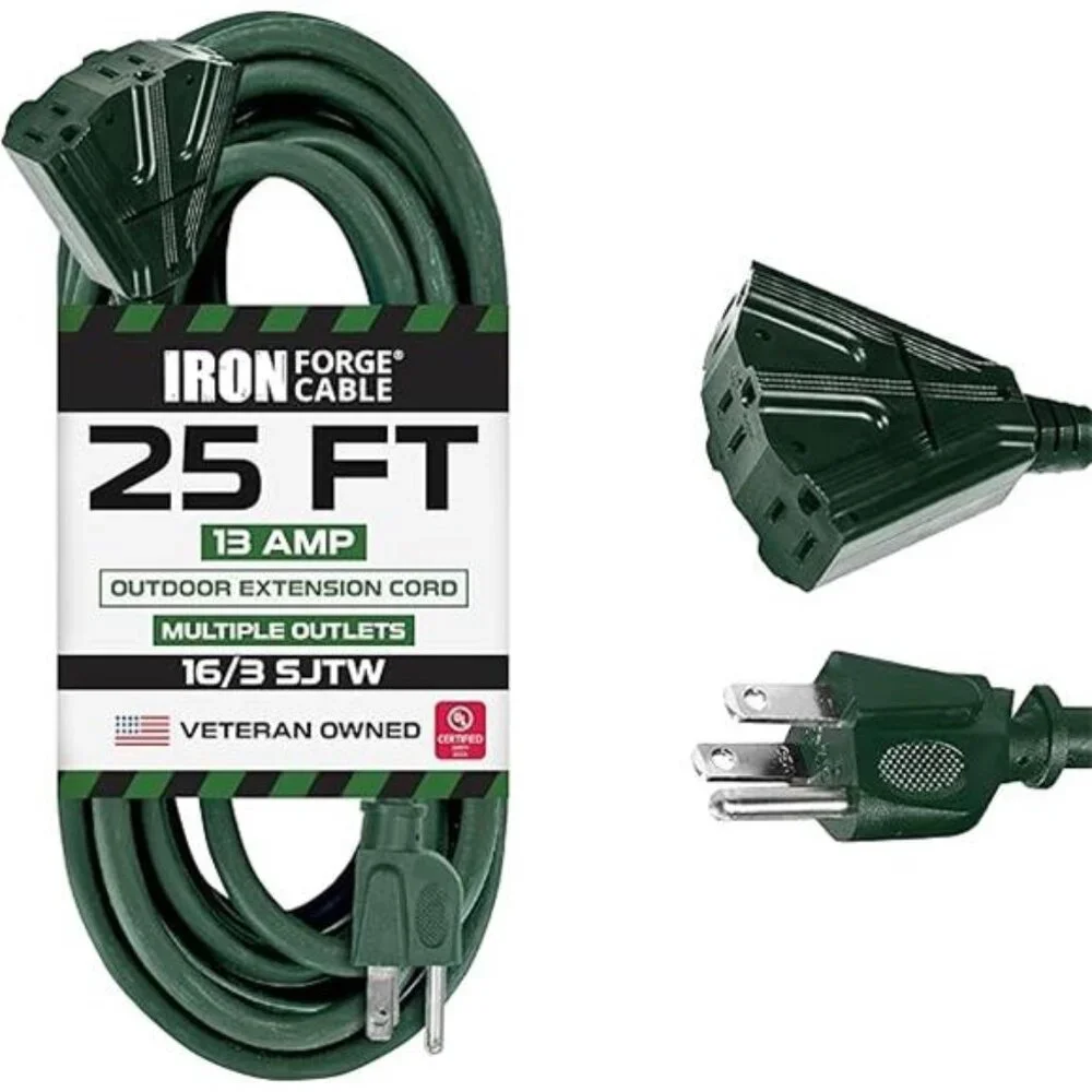 25Foot Outdoor Extension Cord with 3 Electrical Power Outlets -16/3 SJTW Durable